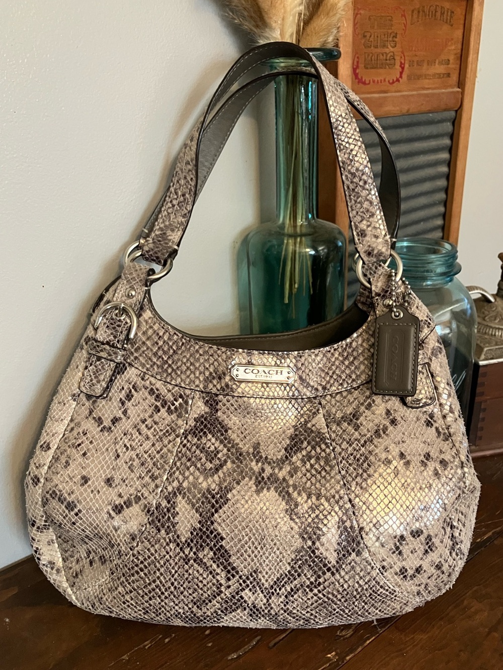 COACH Madison Maggie Snake-Print Leather Hobo Bag